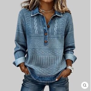Womens Blue Denim Print Long Sleeve Polo Shirt Cable Knit Pattern Trompe L'oeil